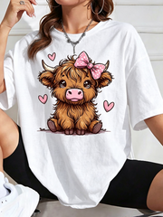 Cute Highland Cow Pink Bow Heart Graphic T-Shirt, Cartoon Fluffy Cow Casual Short Sleeve Unisex Shirt For Animal Lovers Daily Wear