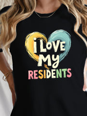 Women's Caregiver Graphic T-Shirt, I Love My Residents Heart Print Casual Crew Neck Short Sleeve Tee, CNA Nursing Assistant Appreciation Shirt, Healthcare Worker Summer Top Gift