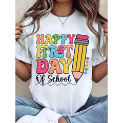 Women T Shirt Happy First Day Of School Print Colorful Pencil Design Round Neck Regular Fit Casual Top Gift For Back To School Season