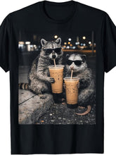 Retro Raccoon & Opossum Drinking Iced Coffee T-Shirt - Funny Cute Animal Graphic