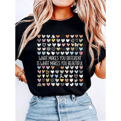 Women What Makes You Different Is What Makes You Beautiful Hearts Graphic T-Shirt Autism Awareness Inspirational Casual Short Sleeve Tee