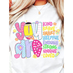 Women's Inspirational T-Shirt With "You Are Brave Smart Helpful Enough Strong Unique Loved" Positive Affirmations - Soft Breathable Round Neck Short Sleeve Casual Top