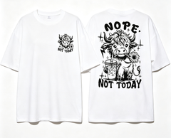 Women's T-Shirt Women's Nope Not Today Highland Cow Graphic T‑Shirt, Retro Western Cow With Iced Coffee Sunflower Back Print Women Tees