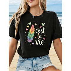 C'est La Vie Graphic Print Women's T-shirt, Short Sleeve Crew Neck Casual Top
