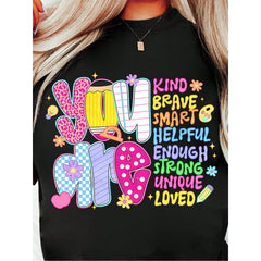 Women's Inspirational T-Shirt With "You Are Brave Smart Helpful Enough Strong Unique Loved" Positive Affirmations - Soft Breathable Round Neck Short Sleeve Casual Top