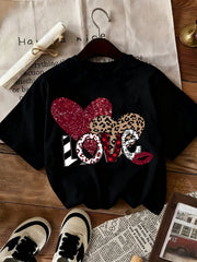 Women's Valentine's Day Heart Print T-Shirt 100% Short Sleeve Round Neck Casual Elegant Top with Heart & Love Symbol Design - Valentine's Gift, Casual Attire, Year-Round Comfortable Fit
