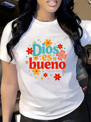 Women's Spanish Christian Graphic T-Shirt, Dios Es Bueno Floral Faith Tee with Psalm 100:5 Design, Inspirational Religious Short Sleeve Crew Neck Cotton Shirt, Church Gift for Women