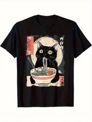 Men's Vintage Japanese Ramen Cat T-Shirt - Kitten Eating Noodles Print Round Nec