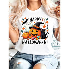 Plus Size, Women's Plus Size Halloween Witch & Pumpkin Print T-Shirt - Oversized Short Sleeve Round Neck Casual Top With Happy Halloween Bats, Witches