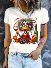 Cotton Casual Style Duck Wine Chocolate Pattern Short Sleeved Shirt, Women's Fashion Top, Unisex Summer Outfit