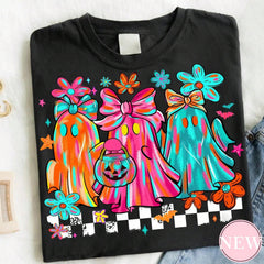 Bright Neon Ghost Bow Graphic Tee Checkerboard Halloween Pumpkin Bucket Print Preppy Top