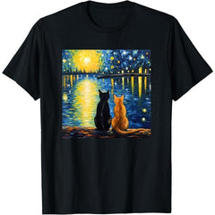 Two Cats Starry Night Cat art painting T-Shirt
