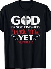 God Is Not Finished with Me Yet Philippians 1:5 Bible Verse Christian T-Shirt - Black with Red & White Lettering & Cross Design - Soft Breathable Relaxed Fit Unisex Tee for Church