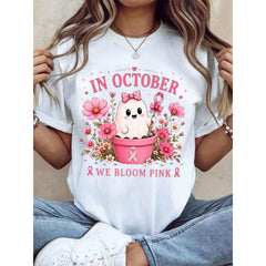 In October We Bloom Pink Breast Cancer Awareness Shirt Cute Ghost Flower Graphic Tee Women Fall Halloween Support Charity Top,220g