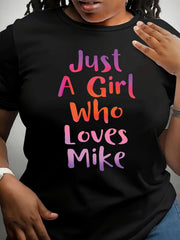 Women’s Just A Girl Who Loves Mike Graphic T-Shirt, Crew Neck Short Sleeve Casual Everyday Tee