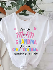 I'm A Mom Grandma And A Great Grandma Nothing Scares Me Funny Family Graphic Tee for Men Women, Cute Mother Grandmother Short Sleeve T-Shirt, Casual Crew Neck Top for Grandma Gift