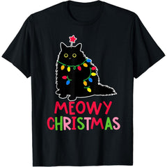 Meowy Christmas Xmas Lights Black Cat Pajamas Family Funny T-Shirt