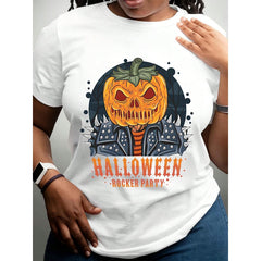 Women Casual Graphic Tee Halloween Rocker Party Pumpkin Skull Print Short Sleeve Top Autumn Festival Gift For Girls Friends