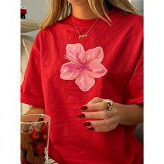 Women's Retro Floral Print Short Sleeve Round Neck T-Shirt Soft Pink Hawaiian Cut Lightweight Breathable Beach, Office, Daily