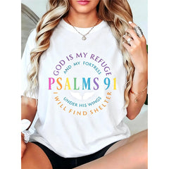 Women's Black T-Shirt With Colorful Religious Psalm 91 Text & White Wings Graphic, Christian Faith Casual Tee For Church, Daily Wear