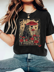 Red Mushroom And Cat Pattern T-Shirt, Casual Round Neck Short Sleeve Top, Fabric, Comfortable for All Seasons