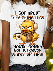 Funny Grumpy Duck Graphic T-Shirt for Women, Cartoon Coffee Lover Crew Neck Short Sleeve Casual Tee, Cute Humor Everyday Top