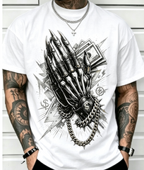 Men's Streetwear Graphic T‑Shirt, Skeleton Mechanical Hand Money Dollar Chain Print, Crew Neck Short Sleeve Casual Hip‑Hop Tee, Urban Fashion Novelty Top S‑5XL