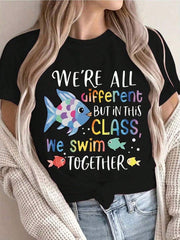 We're All Different But In This Class We Swim Together Graphic T‑Shirt for Women, Colorful Fish Casual Short Sleeve Tee, Teacher Classroom Gift Top