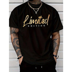 Men Limited Edition Golden Letter Print T-Shirt Regular Fit Round Neck Short Sleeve Summer Tee With Limited Edition Text