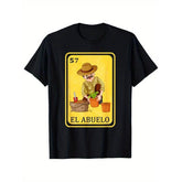 Short Sleeve Print Men's Spanish-Mexican Style Funny Graphic T-Shirt, 100% Cotton, Black Crew Neck with "El Abuelo" Print