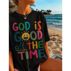 Casual Short Sleeve T-Shirt With 'God Is Good All The Time' Print Round Neck Tee Top