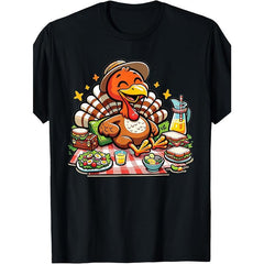 Thanksgiving Turkey Picnic T-Shirt - Black Retro Graphic Tee