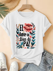 Women's Spanish Faith Slogan T-Shirt - Vintage Spanish Prayer Print Short Sleeve Blouse-Compatible Top | Non-Sheer Loose Fit Crewneck Tee Suitable for Commuting, Parties, Church Events