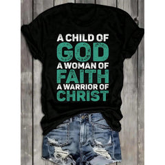 Women's Faith Warrior T-Shirt 100% Black Short Sleeve Round Neck Casual Tee With Spiritual Sayings & Hands Design - Comfortable For Church,