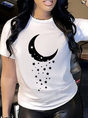 Women's Celestial Moon and Stars Graphic T-Shirt, Crescent Moon Print Casual Crew Neck Short Sleeve Tee, Boho Cosmic Graphic Shirt, Soft Breathable Everyday Top