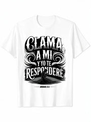 Unisex Heavy Cotton T-shirt with Spanish Jeremiah 33:3 Scripture Print, Classic Fit Short-Sleeve Casual Wear Graphic Top, Tshirt, Shortsleeve, All Seasons, Crew Neck, Tops, Menswear, Round Neck, Clothes, Unisex Cut, Text Print, Jeremiah Quote