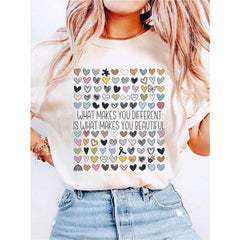 Women What Makes You Different Is What Makes You Beautiful Hearts Graphic T-Shirt Autism Awareness Inspirational Casual Short Sleeve Tee
