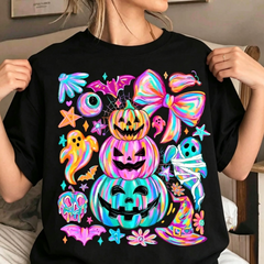 Women’s Cute Spooky Halloween Graphic T‑Shirt, Pastel Pumpkin Ghost Bat Bow Mummy Witch Hat Short Sleeve Casual Tee