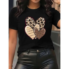 Fashion Women's Short-Sleeve T-Shirt - A Heart Print Featuring Interwoven Leopard and Stripe Patterns, Stylish and Romantic. The Printed Design Is Machine Washable, and This Comfortable Casual Round-neck Top Is Easy to Pair. Made from High-quality