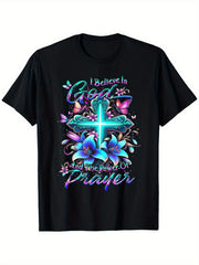 Women’s I Believe In God And The Power Of Prayer Cross Butterfly Lily Floral Graphic T-Shirt, Religious Faith Short Sleeve Crew Neck Casual Top For Christian Gift