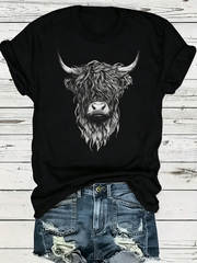 Funny Highland Cow T-shirt, Short Sleeved Casual Round Neck Women's Clothing Summer Daily Wear