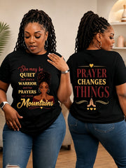 She May Be Quiet Warrior Prayer Changes Things Double Sided Graphic Tee Women Casual Faith Short Sleeve T-Shirt