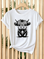 Women's Vintage Highland Cow Scottish Cow Line Drawing T-Shirt