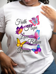 Faith Hope Love Believe Dream Graphic Tee for Women, Inspirational Butterfly Floral Print Short Sleeve T-Shirt, Casual Crew Neck Top for Daily Wear