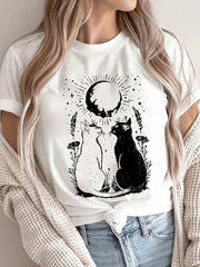 Women’s Graphic Short Sleeve T‑Shirt, Boho Moon Cat Floral Print Crew Neck Casual Soft Tee for Daily Holiday Wear