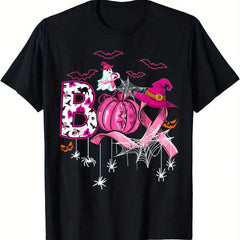 Boo Halloween Pumpkin Pink Ribbon Witch Breast Cancer T-Shirt, Loose Fit Printed T-Shirt, Festive Attire, Suitable For Family Fun.