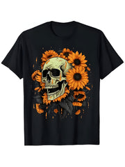 Skull and Sunflower Graphic Tshirt Eye Catching Pale Green Skull Design Surrounded by Orange Sunflowers Perfect for Unique Style and Casual Wear Tshirt