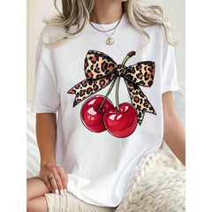 Women Round Neck T Shirt Cherry Leopard Bow Print Casual Summer Wear For Everyday And Holiday