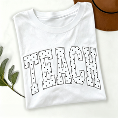 Women's "TEACH" Polka Dot Varsity Letter Graphic T-Shirt, Casual Teacher Short Back To School Casual Short Sleeve Tee,Teacher Life