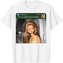 There Is Motion at Your Front Door Funny Doll Face Viral Meme Graphic T-Shirt - Smart Home Alert Parody Graphic Tee, Unisex Casual Top